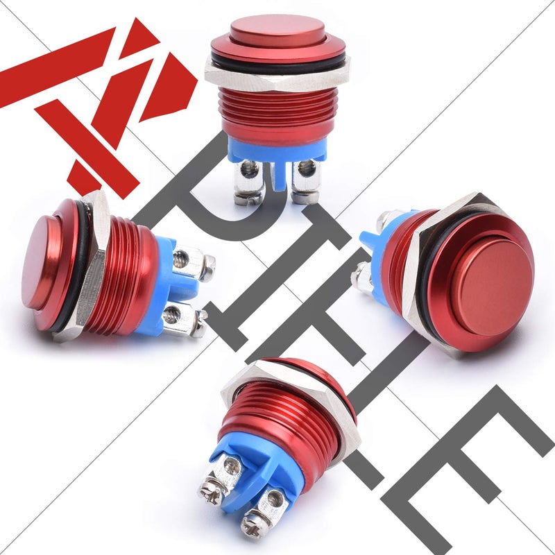 APIELE 16mm Momentary Push Button Switch High Round Cap Waterproof Aluminum Shell High Flush Screw Terminals 250V AC 5A 12V 36V DC 2A 1NO SPST (Red) - Image 3